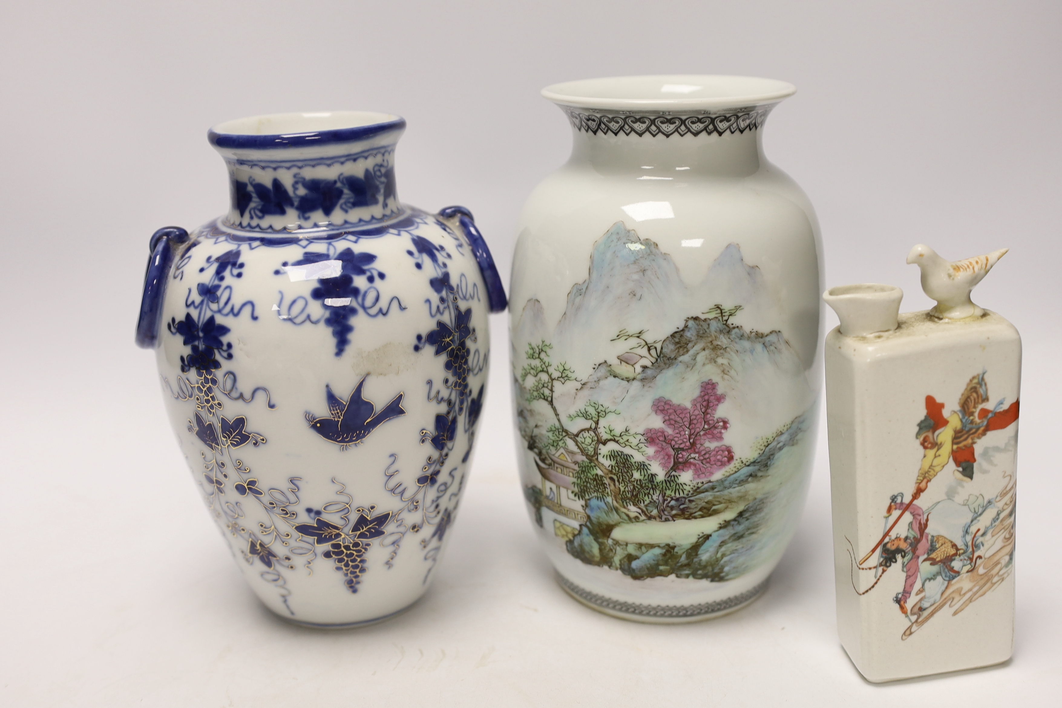 A collection of Chinese and Japanese ceramics, including a blue and white prunus flower baluster jar, largest 24cm high (6)